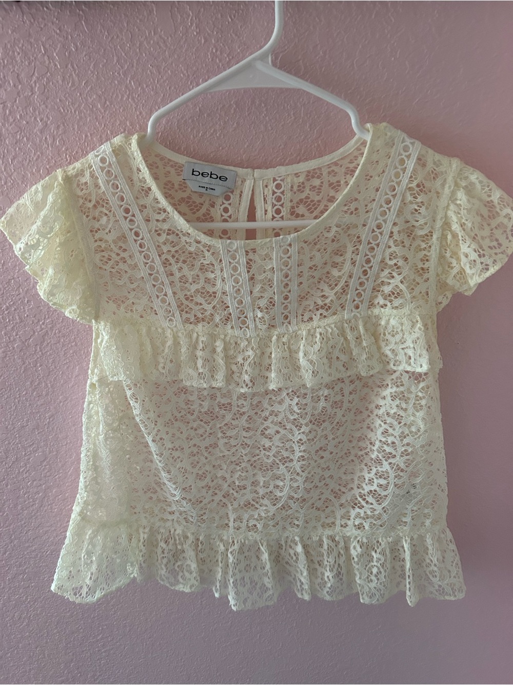 bebe Cream Lace Ruffle Top